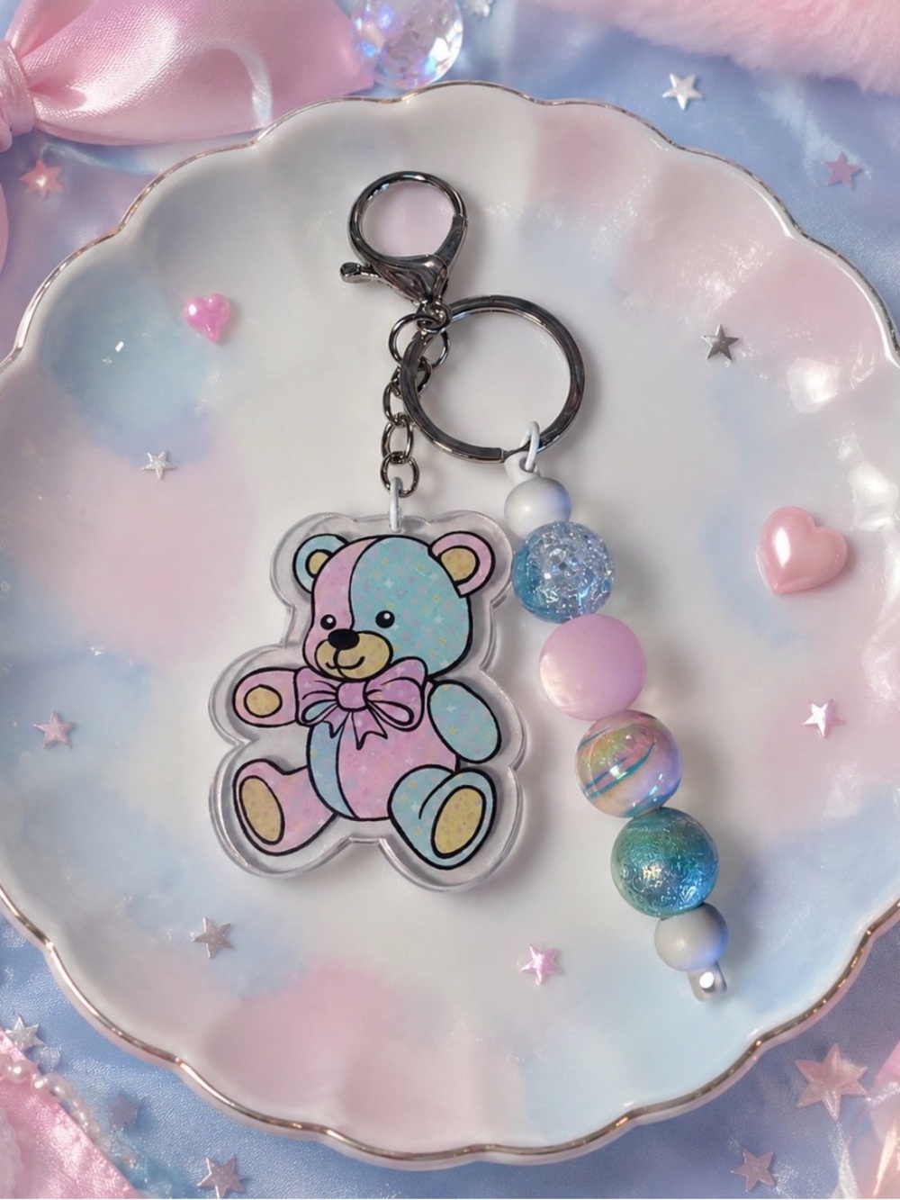 Handmade Pastel Teddy Bear Keychain - Pink & Blue